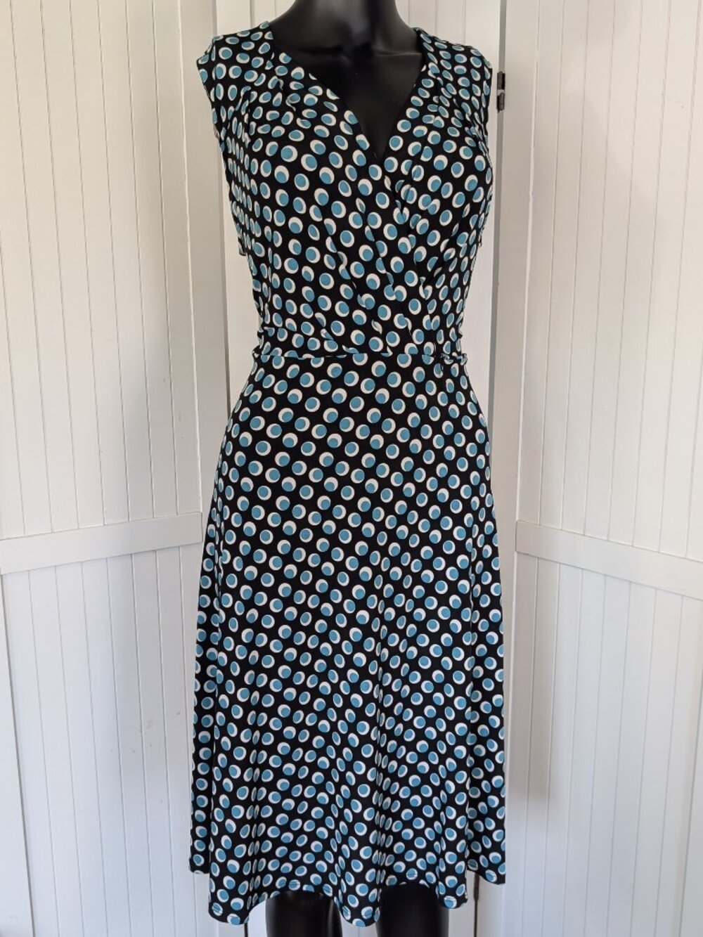 George Stretch Polka Dot Faux Wrap Dress Blue Black White Size M 8/10